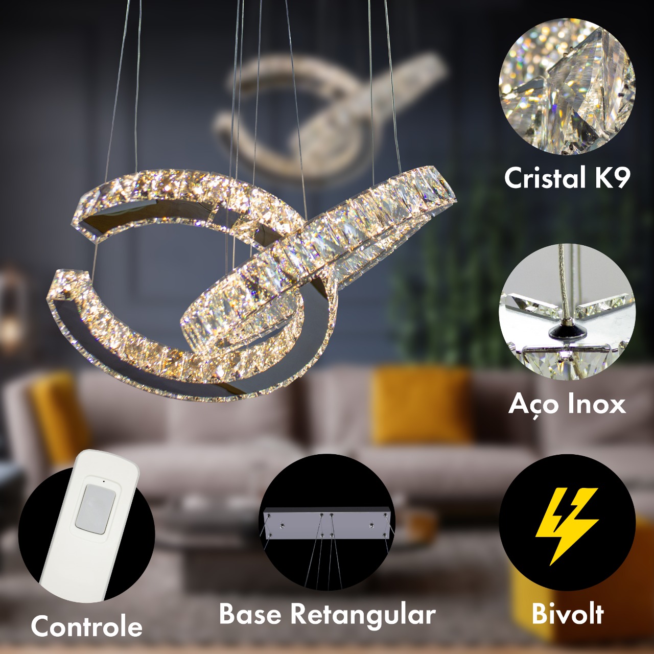Lustre pendente de cristal Chanel com dois anéis LED em uma sala de estar moderna. Lustres Gênesis loja online de Lustres e Iluminação Decorativa